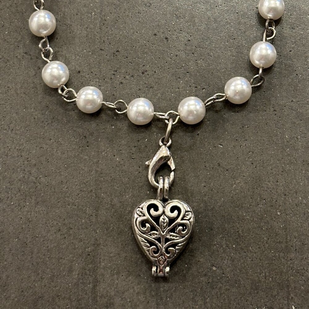 Vintage Camco Faux Pearl Charm Bracelet with Prayer Heart Locket
